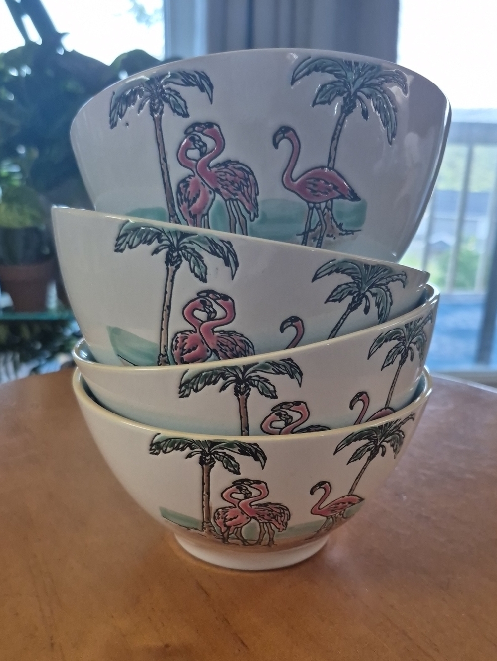 Eli + Ana Pink Flamingo Palm Tree Ceramic Cereal Bowls. Set of 4